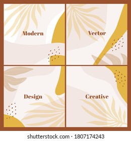 Conjunto elegante de plantillas cuadradas con formas abstractas y hojas dibujadas a mano en colores pastel. Fondo neutro al estilo boho. Ilustración vectorial