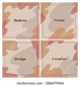 Conjunto elegante de plantillas cuadradas con formas abstractas orgánicas y línea en colores neutros. Fondo mínimo con espacio para el texto. Ilustración vectorial moderna para diseño de marca