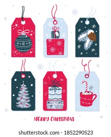 Stylish set of tags for gifts. Vector Christmas illustrations. Christmas ball, gifts, Christmas Tree, marshmallow cup