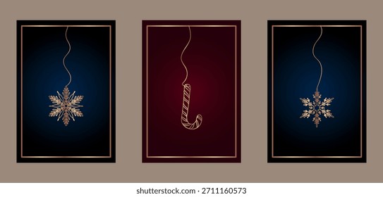 Un elegante conjunto de tres tarjetas de felicitación de vacaciones de Vertical con delicado arte de línea dorada de copos de nieve y un bastón de caramelo colgando contra fondos oscuros y ricos en gradientes perfectos para Navidades modernas 
