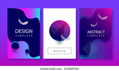 Stylish set of vector template in bright neon shades with feathers, waves and volumetric figures