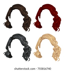 Stylish set of vector wigs in blond,brunette,black and ginger colors. Beautiful collection of realistic cartoon retro curly hairstyle for women