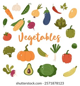 Stylish set with vegetables. Carrots, garlic, spinach, peas, onions, beets, corn, tomato, broccoli, pumpkin, radish, avocado, cabbage, zucchini, pepper, cucumber