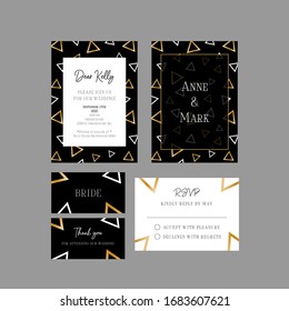 Stylish set of wedding invitation and cards. Premium pattern with white and gold triangles on the black. Geometric invitation (A4, A5), thank you, rsvp (3,5*5 in) and table card. Vector illustration