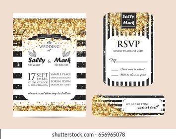 Stylish set of wedding invitation cards decorated with golden glitter. Golden sparks on a geometric template.