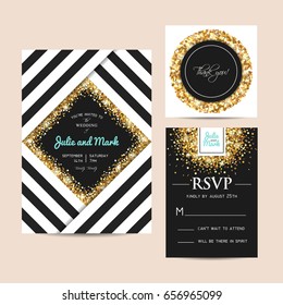 Stylish set of wedding invitation cards decorated with golden glitter. Golden sparks on a geometric template.