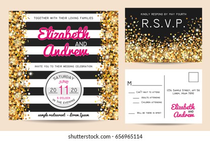 Stylish set of wedding invitation cards decorated with golden glitter. Golden sparks on a geometric template.