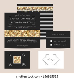 Stylish set of wedding invitation cards decorated with golden glitter. Golden sparks with striped background.