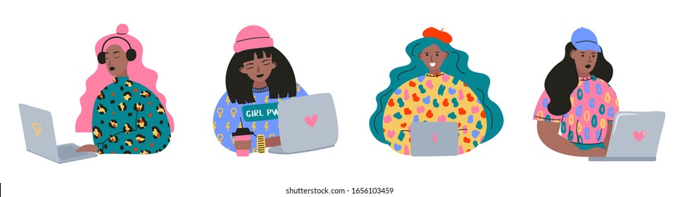 Stylish set of young woman at work. Cute girl. Using laptop. Studying, browsing internet, social media, blogging. Online education communication concept. Hand drawn vector illustration. Cartoon style