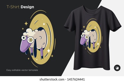 Stylish sheep in a portal. Prints on T-shirts, sweatshirts, cases for mobile phones, souvenirs. Isolated vector illustration on black background.