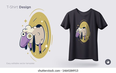 Stylish sheep in a portal. Prints on T-shirts, sweatshirts, cases for mobile phones, souvenirs. Isolated vector illustration on white background.