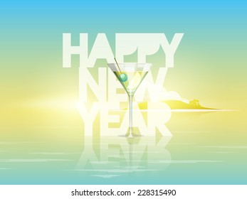Stylish shiny text for Happy New Year with juice glass on nature background, can be use as poster, banner or flyer.