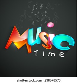 Stylish shiny text of Music Time with musical notes on dark grey background.