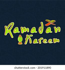 Stylish shiny text Ramadan Kareem with religious Islamic book Quran Shareef and arabic lantern on black background. 