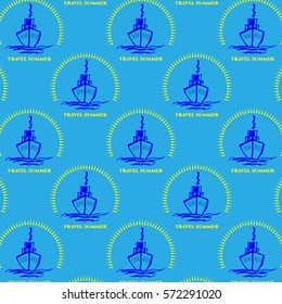 Stylish ship pattern on a blue background. Travel summer time vector illustration 