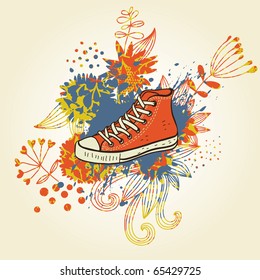 Stylish shoe on abstract cartoon floral background