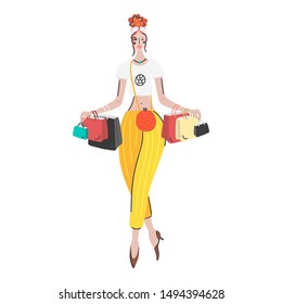 Stylish shopping girl. Fashionable woman in yellow pants and short white t-shirt. Shopping bags in hands. Shopaholic. Purchases. Discount banner for online store. Print on clothes, notebook. Vector