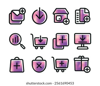 Stylish Shopping icon set and E-commerce Icon Set, collection of minimalist e-commerce icons for online shopping, showing bags, carts, downloads and notifications.