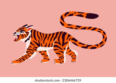 Stylish siberian tiger in groovy stile. Vector hand drawn cartoon illustration isolated on background. Tiger print for t shirt, poster, tattoo, decorate. Endangered animal. 