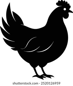 Silueta elegante de un pollo de perfil, con líneas suaves y un peine detallado. Este sólido diseño negro destaca sobre un fondo blanco, perfecto para los amantes del arte minimalista y las aves de corral.