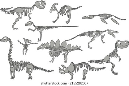 Stylish silhouette of dinosaur skeletons, dinosaur bones. Triceratops, Tyrannosaurus, Brachiosaurus, Velociraptor, Stegosaurus, Parasaurolophus and other.