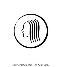 stylish silhouette of female face with hair. concept of haircut and hair coloring. round logo beauty salon