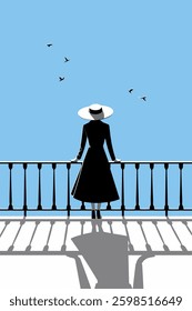 A Stylish Silhouette on a Balcony: Elegance and Freedom Under a Clear Blue Sky