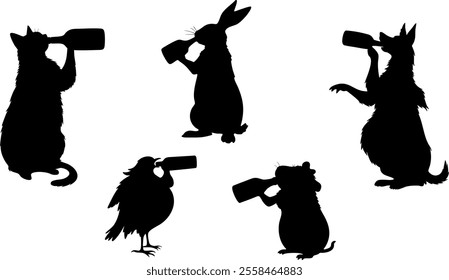 Stylish silhouette set of drunk animal