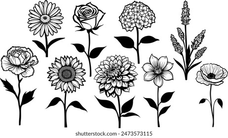 Stylish silhouette set of flowers