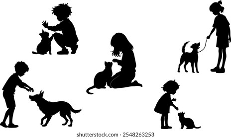 Stylish silhouette set of kids playing with pets