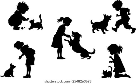 Stylish silhouette set of kids playing with pets