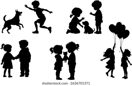 Stylish Silhouette Set of Kids Playing Together with Pets and Balloons