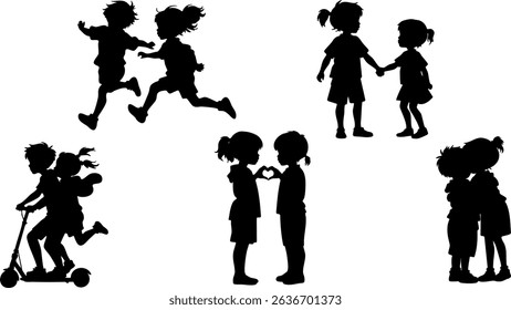 Stylish Silhouette Set of Kids Playing Together