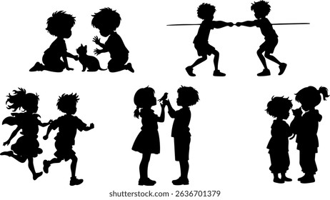 Stylish Silhouette Set of Kids Playing Together