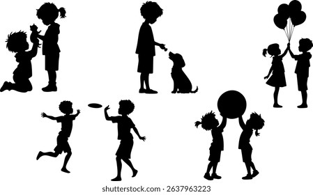 Stylish silhouette set of kids playing together with pets and toys