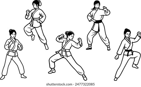 Stylish silhouette set of martial arts ladies