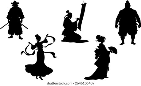Elegante Silhueta Vetor Conjunto de Culturas da Ásia Oriental - Samurai, Gueixa, Sumo e Elementos Tradicionais