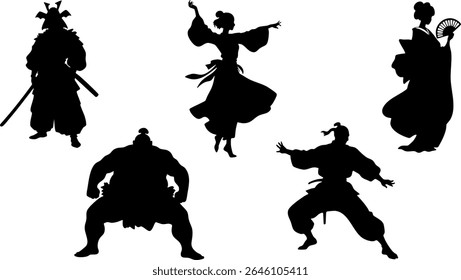 Elegante Silhueta Vetor Conjunto de Culturas do Leste Asiático - Samurai, Gueixa, Sumo e Trajes Tradicionais