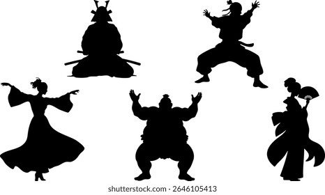 Elegante Silhueta Vetor Conjunto de Culturas da Ásia Oriental - Samurai, Gueixa, Sumo e Personagens Tradicionais