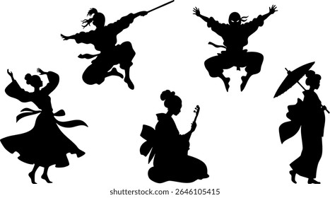 Elegante Silhueta Vetor Conjunto de Culturas da Ásia Oriental - Ninja, Gueixa, Kungfu e Personagens Tradicionais