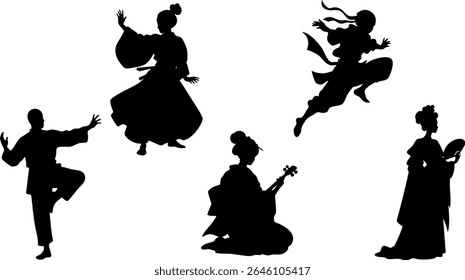 Elegante Silhueta Vetor Conjunto de Culturas da Ásia Oriental - Ninja, Gueixa, Kungfu e figuras tradicionais