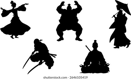 Elegante Silhueta Vetor Conjunto de Culturas da Ásia Oriental - Ninja, Gueixa, Sumo e Personagens Tradicionais