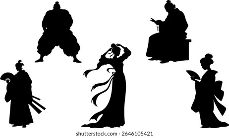 Elegante Silhueta Vetor Conjunto de Culturas da Ásia Oriental - Sumo Wrestler, Geisha, Scholar e figuras tradicionais