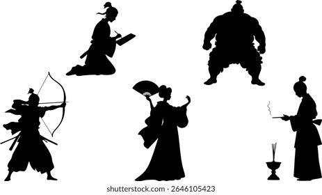 Elegante Silhueta Vetor Conjunto de Culturas da Ásia Oriental - Archer, Sumo Wrestler, Geisha e Scholar