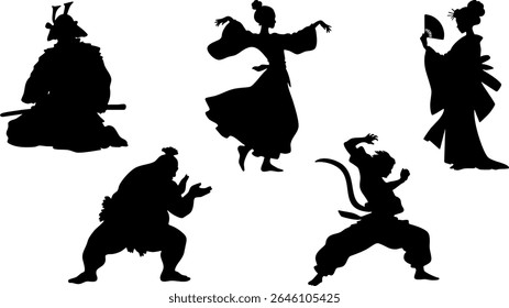 Elegante Silhueta Vetor Conjunto de Culturas da Ásia Oriental - Samurai, Gueixa, Sumo e Tradicional Atraente
