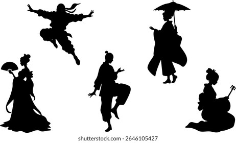 Elegante Silhueta Vetor Conjunto de Culturas da Ásia Oriental - Ninja, Gueixa, Kungfu e Elementos Tradicionais