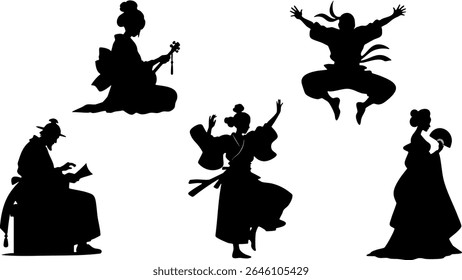 Stylish Silhouette Vector Set of Eastern Asia Cultures - Samurai, Geisha, Ninja and Traditional Characters
