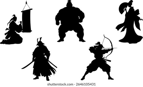 Elegante Silhueta Vetor Conjunto de Culturas da Ásia Oriental - Samurai, Archer, Gueixa e Sumo Wrestler
