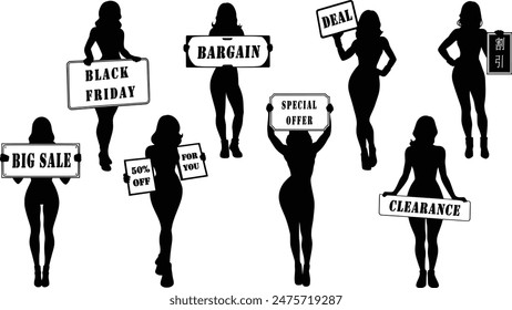 Stylish silhouette vector set of ladies holding boards with editable sale messages