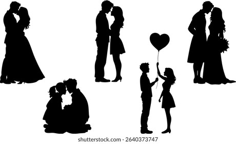 Stylish Silhouette Vector Set of Love Couples - Hugging, Dancing and Balloon Moments